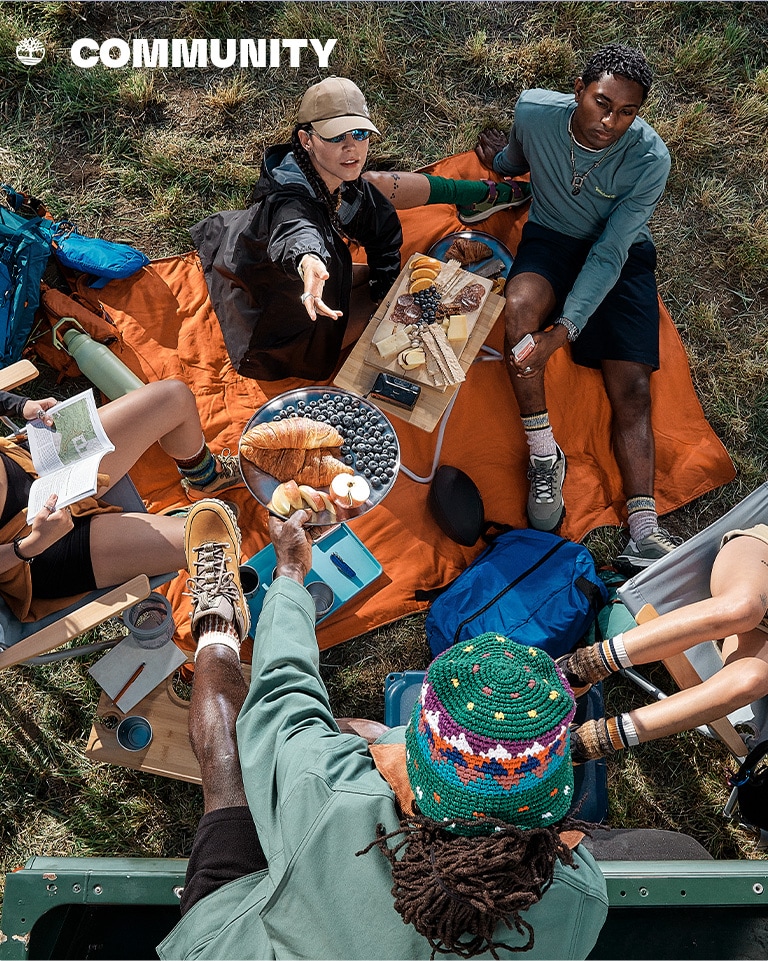 group of people sitting on a blanket in a field having a picnic.