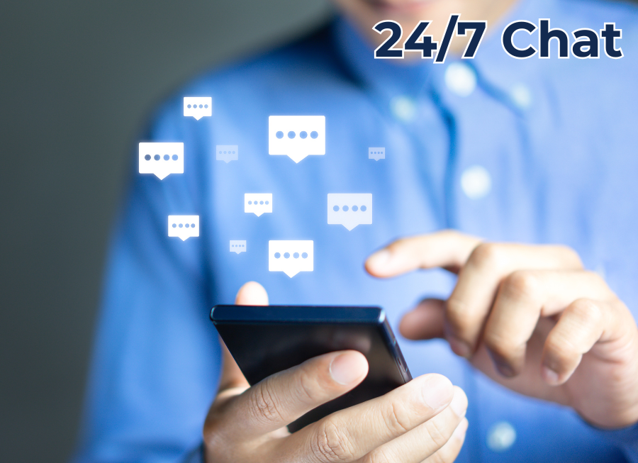 A man holding a cell phone and typing with the phrase 24/7 Chat on the image